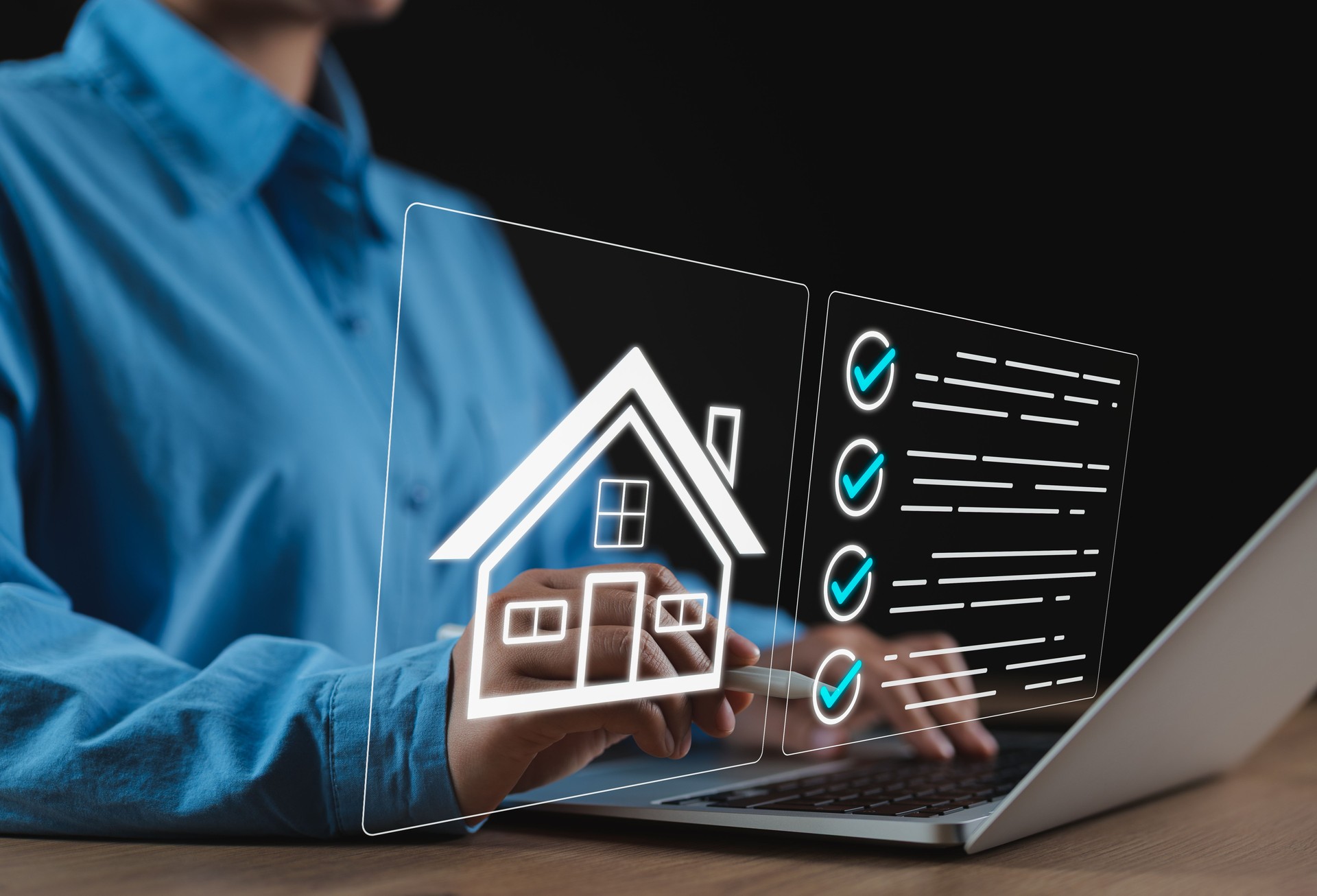 Real Estate Purchase Checklist Concept. A professional working on laptop with digital icons house and checklist overlay, representing property evaluation, home buying process, and housing investment.